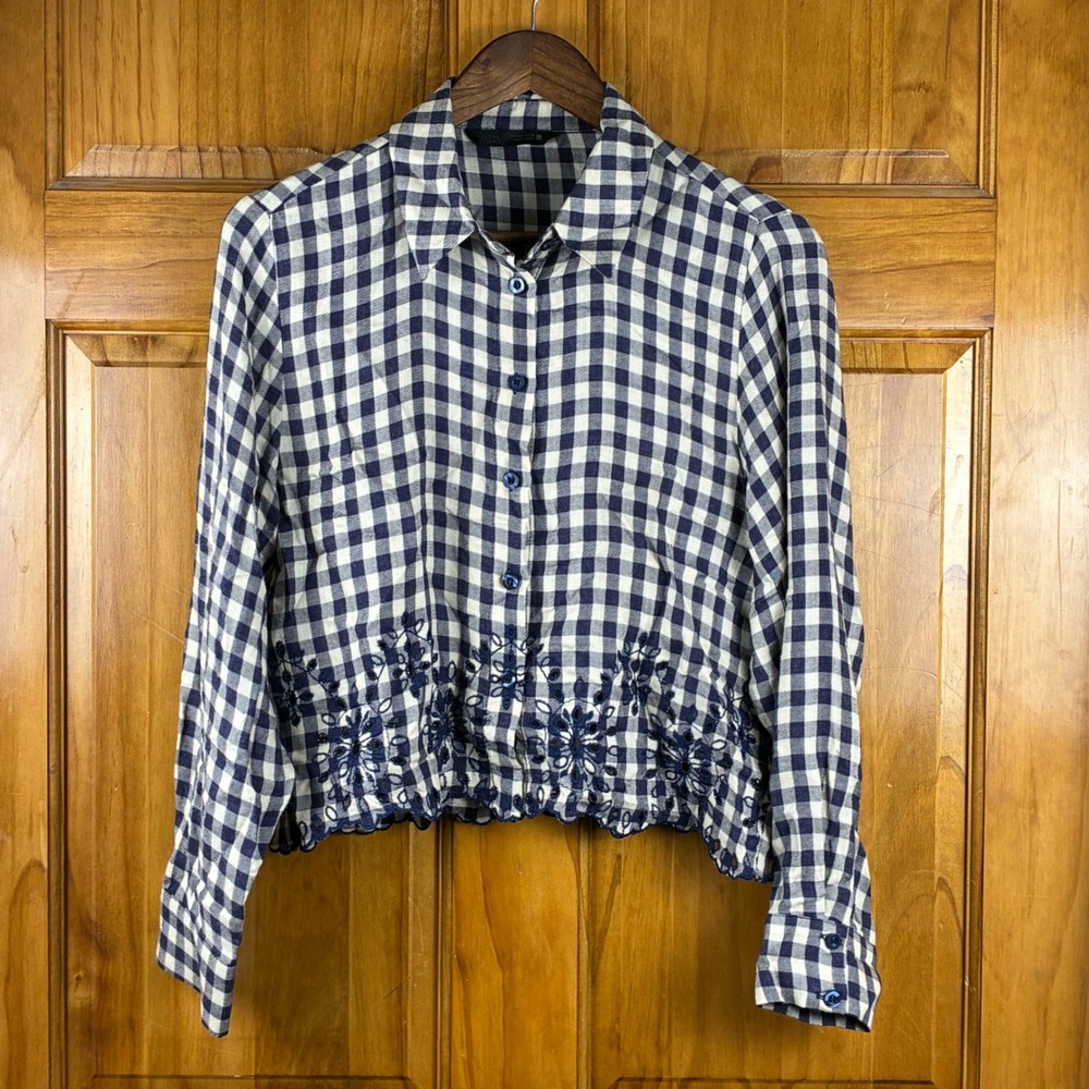 Zara Gingham Shirt Sz Small Navy White Cropped Embroidered Eyelet Button Down